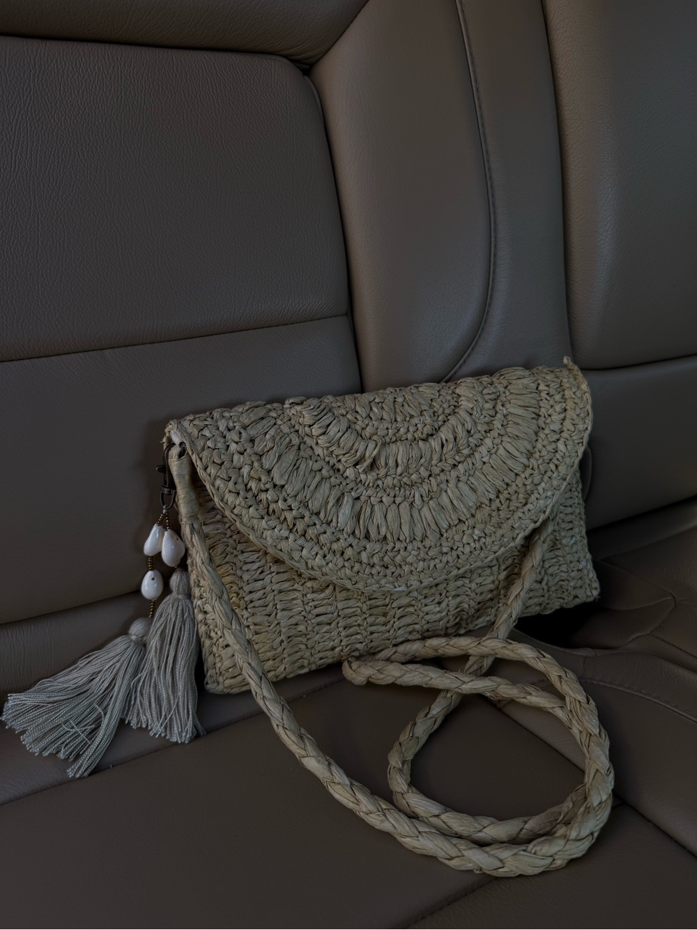 J. Jill Olive-Green Woven Straw Crossbody with Tassel Beads